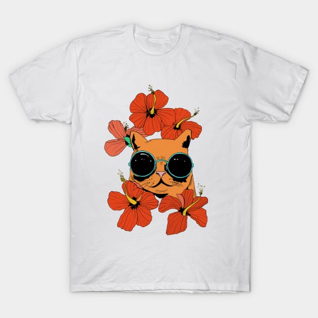 Cat And Hibiscus Flowers T-Shirt by Bollocks